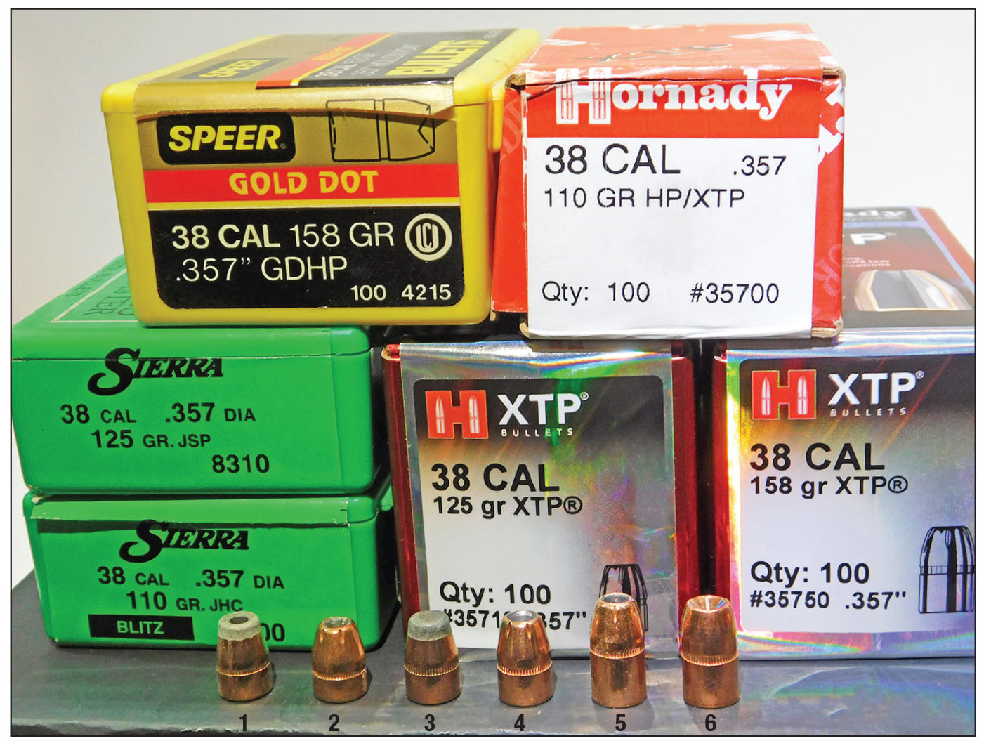 These six .357-caliber bullets were tested for performance in the LCR: (1) Sierra 110-grain JHC, (2) Hornady 110-grain HP/XTP, (3) Sierra 125-grain JSP, (4) Hornady 125-grain XTP, (5) Hornady 158-grain XTP and (6) Speer 158-grain GDHP.